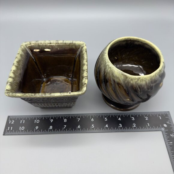 Vintage Hull Pottery USA Set of 2 Brown Green Drip Glaze Ceramic Planters MCM - Picture 9 of 16